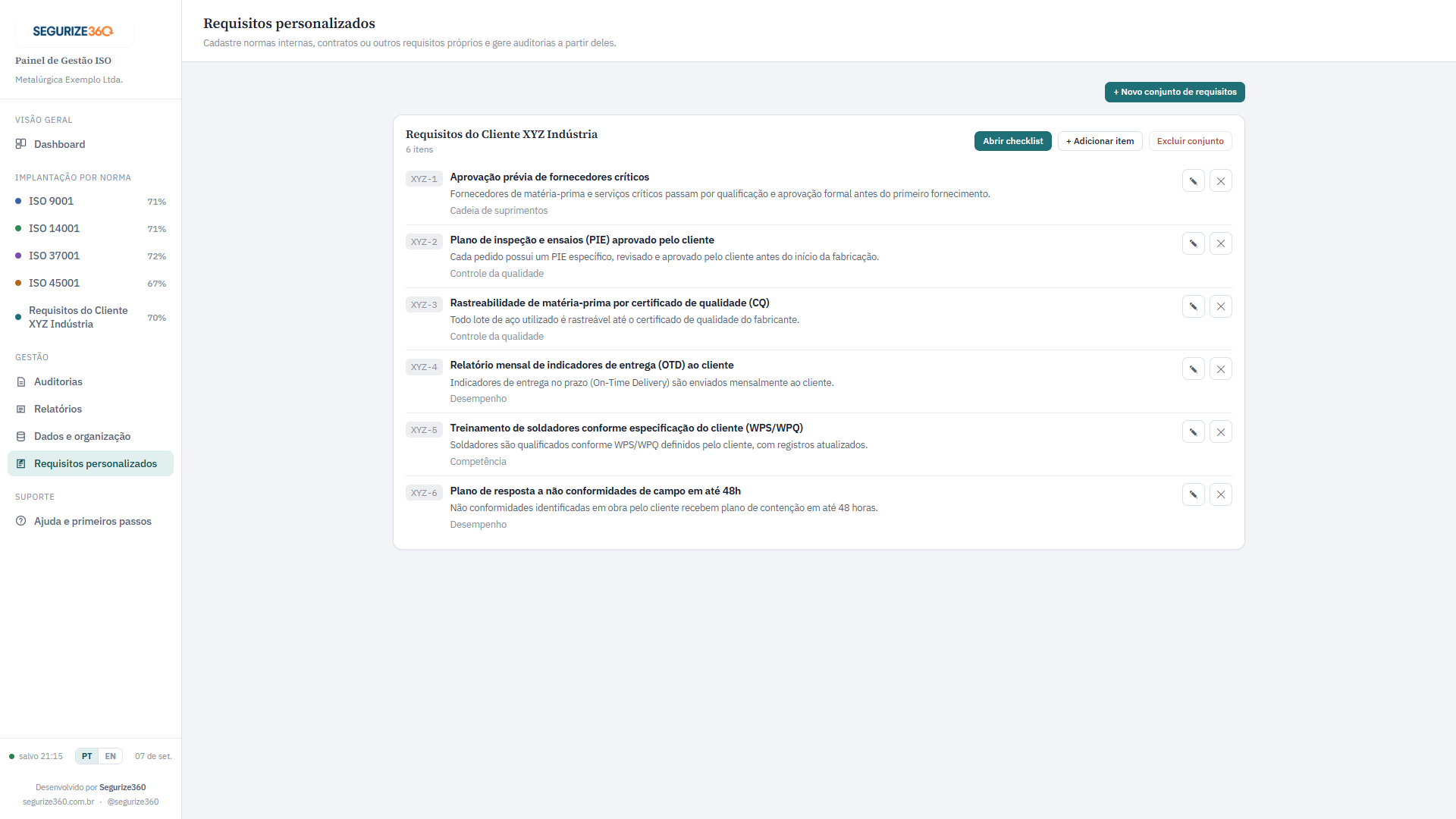 Tela de requisitos personalizados do Painel ISO